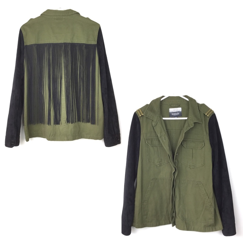 Kensie army green utility jacket with fringe back